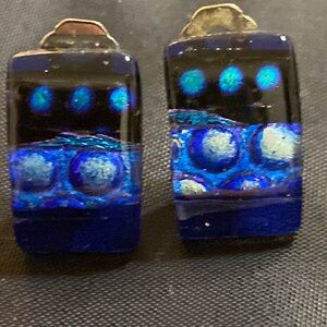 Blue Glass Rectangle Clip on earrings